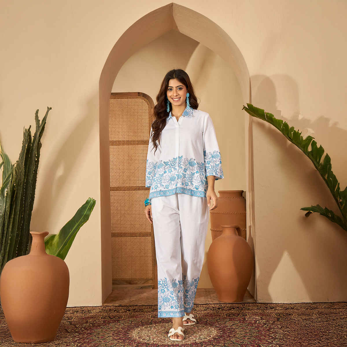 Bandia Women's Handblock Printed Shirt Style Coord Set | White & Indigo - L