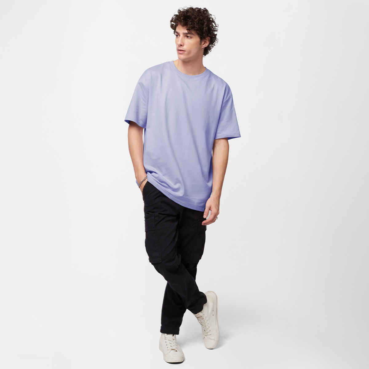 The Souled Store Men's Solids Light Lavender Oversized T-shirt | Purple - L