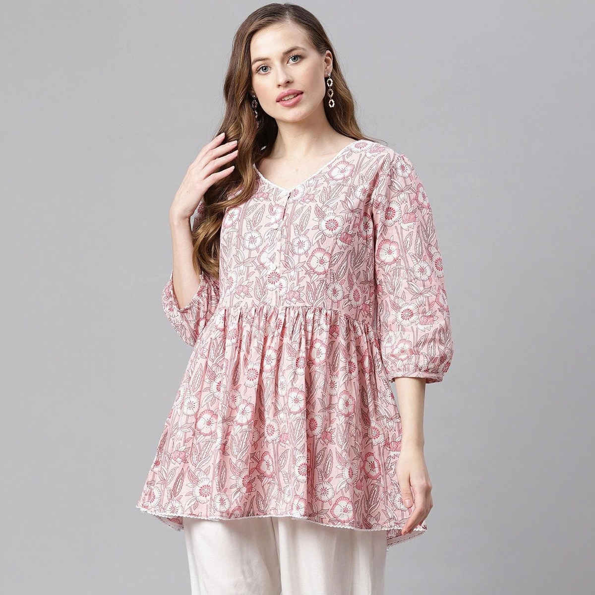Divena Cotton Peplum Women's Tunic | DK0648 | Baby Pink | S