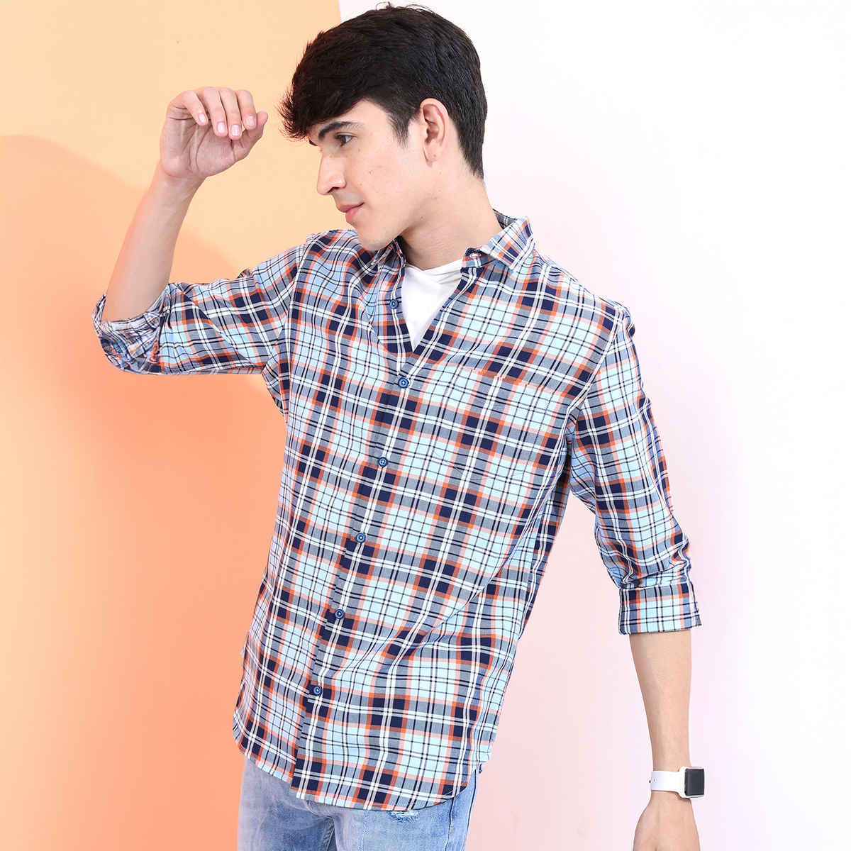 HIGHLANDER Men's Slim Fit Tartan Checked Casual Shirt | Blue - XL