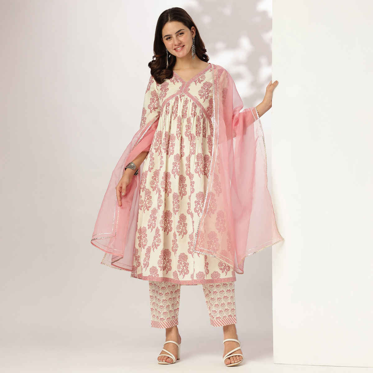Janasya Women's Pure Cotton Floral Printed A-line Kurta Set | Cream & Pink - XL
