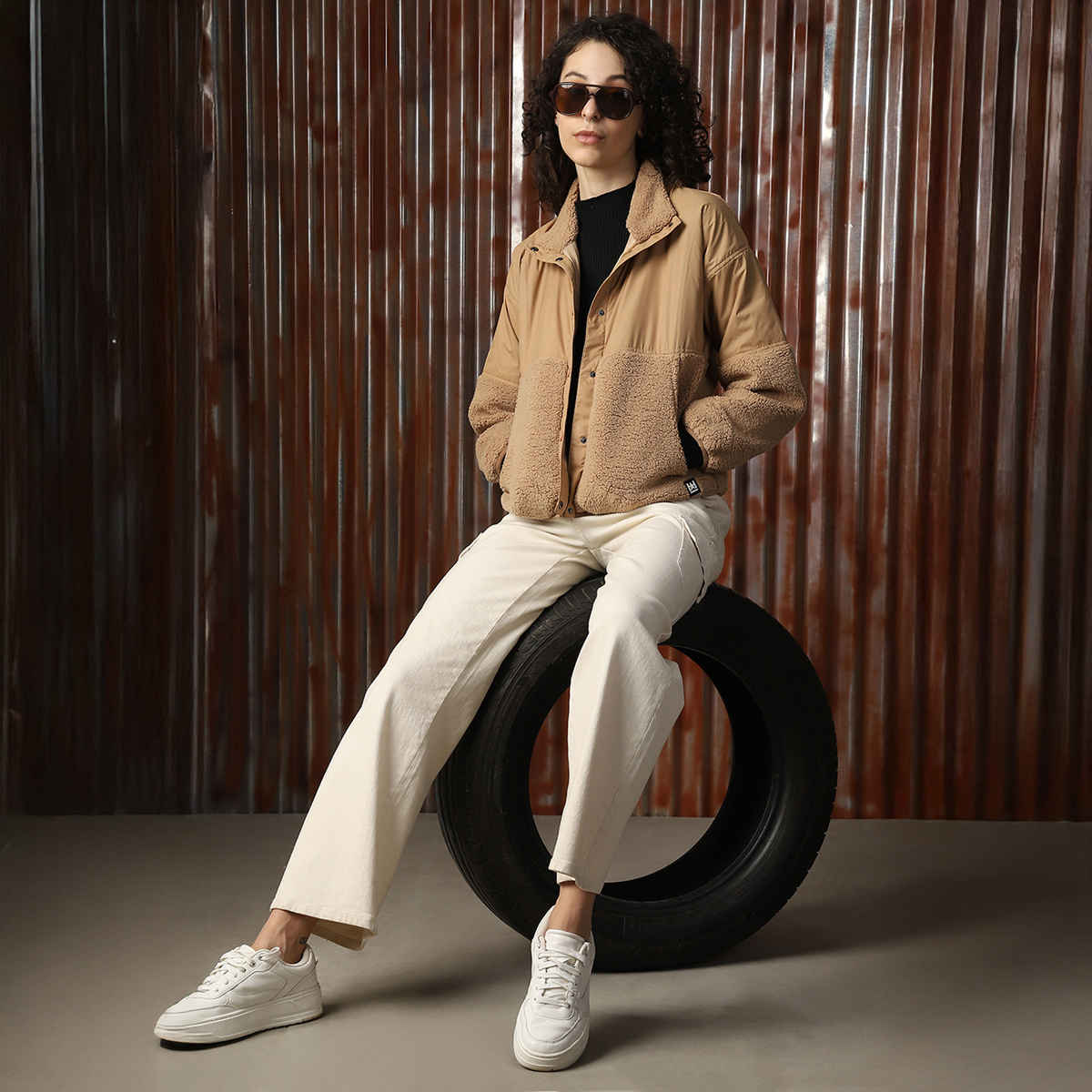 High Star Women's Self Design Hooded Front-Open Sweatshirt | Brown - S