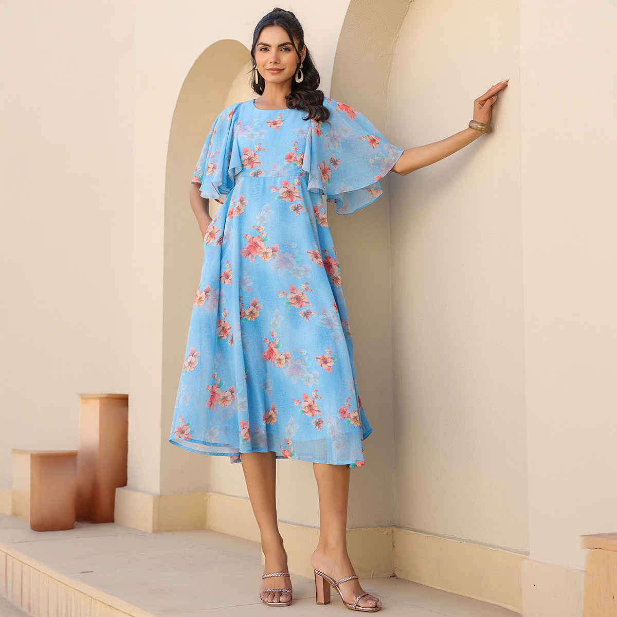Janasya Women's Georgette Floral Printed A-line Dress | Blue - XL