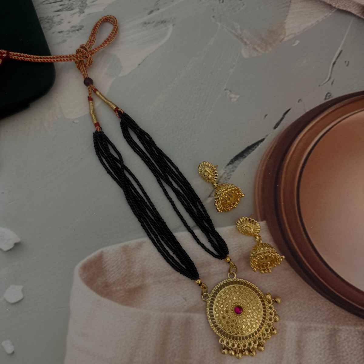 The Opal Factory Mangalsutra Black Beads with Jhumki Earrings and Round Kundan Pendant | Gold