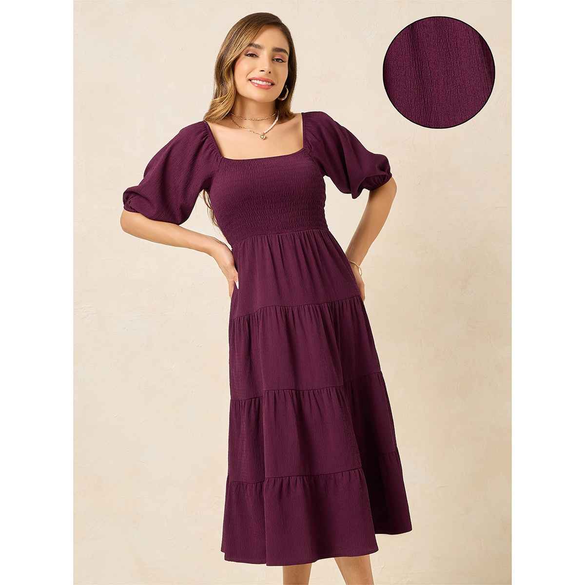 Styli Women's Smocked Midi Length Dress with Puff Sleeves | Purple - XXL