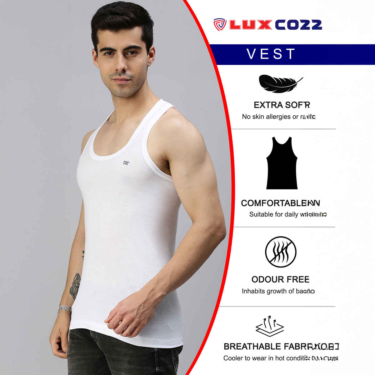 Lux Cozi Men's White Cotton Vest | White | 100 - Pack of 3