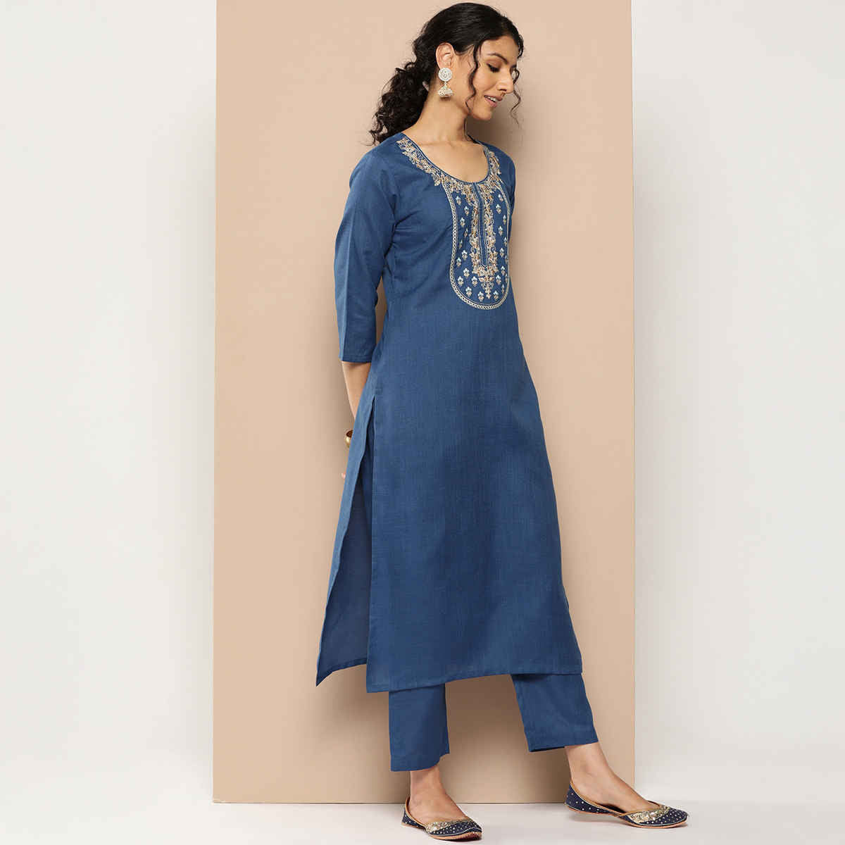 Varanga Women's Embroidered Straight Kurta Paired with Tonal Bottom And Printed Dupatta | Blue - L