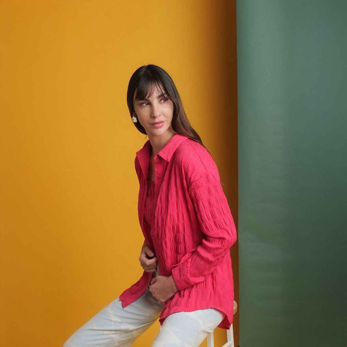 Freehand Women's Oversized Fit Solid Casual Collared Neck Shirt | Pink - M