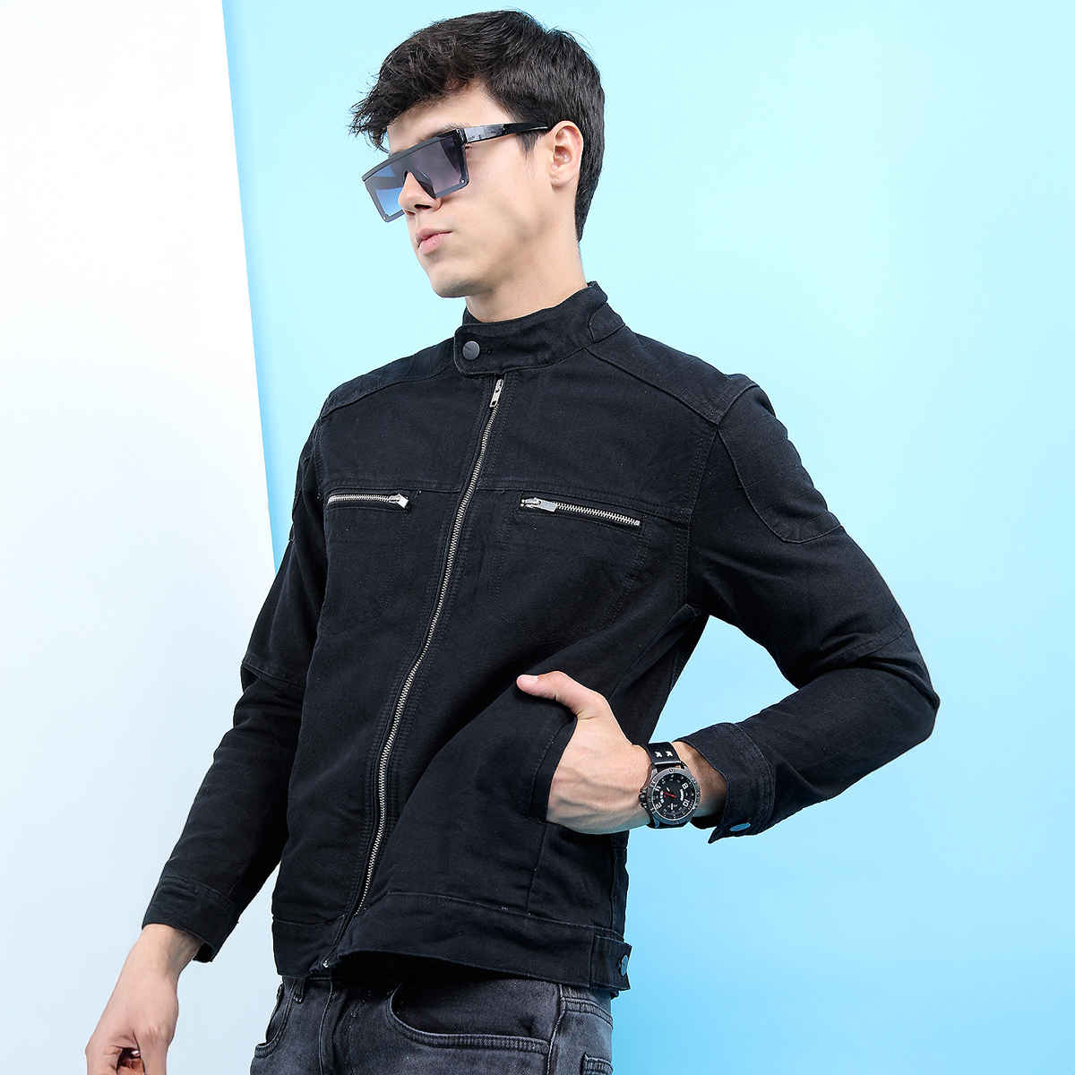 Highlander Men's Black Solid Denim Jacket | Black - L