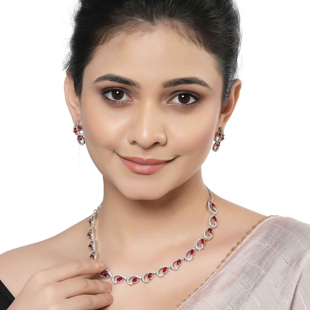Zeneme Rhodium-Plated Silver-Toned Red American Diamond Necklace Set & Earrings For Women & Girls