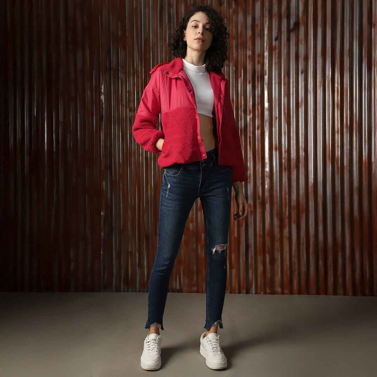 High Star Women's Self Design Hooded Front-Open Sweatshirt | Red - L