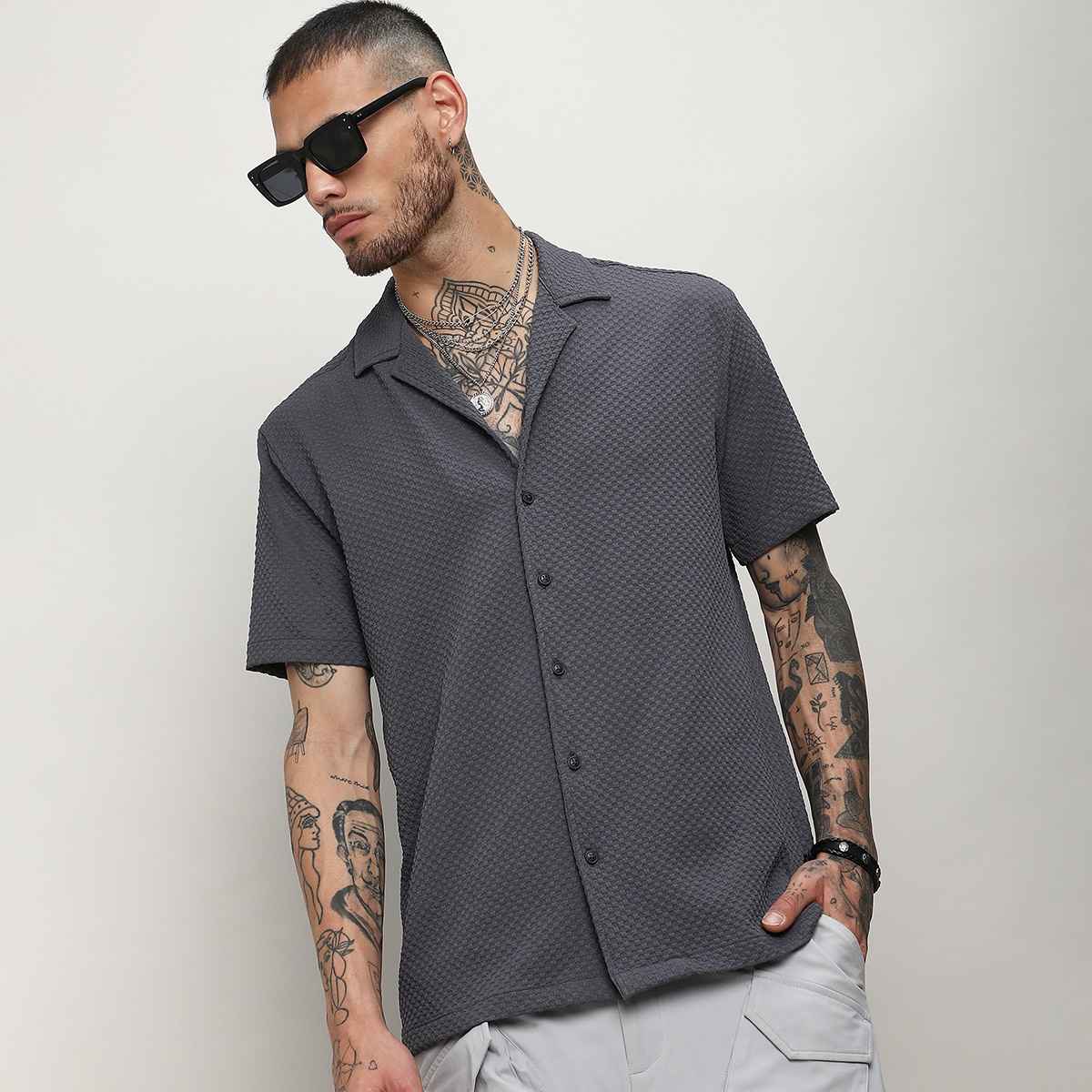 Campus Sutra Men's Self - Design Block Shirt | Grey - XL
