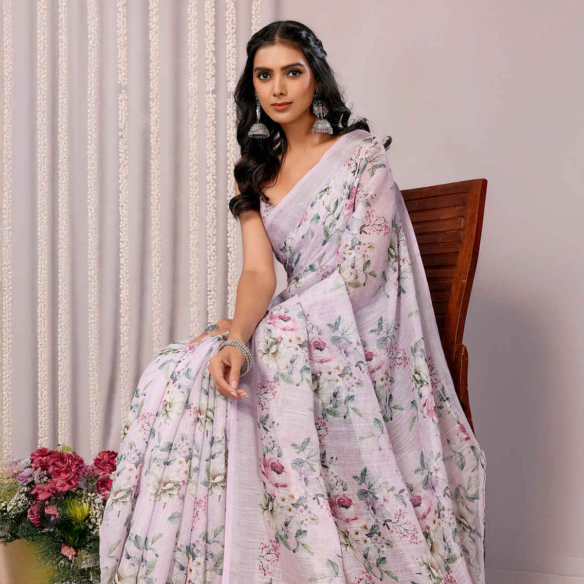 Janasya Women's Cotton Linen Floral Printed Saree with Blouse Piece | SAR445 | Lavender