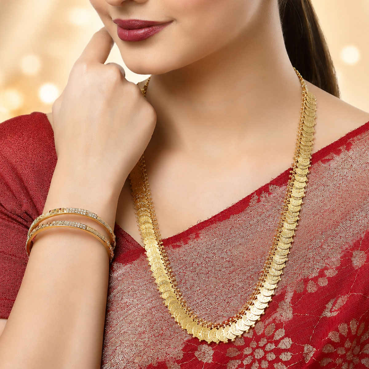 Zeneme Women's Gold-Plated South Indian Red Lakshmi Kasu Coin Temple Necklace