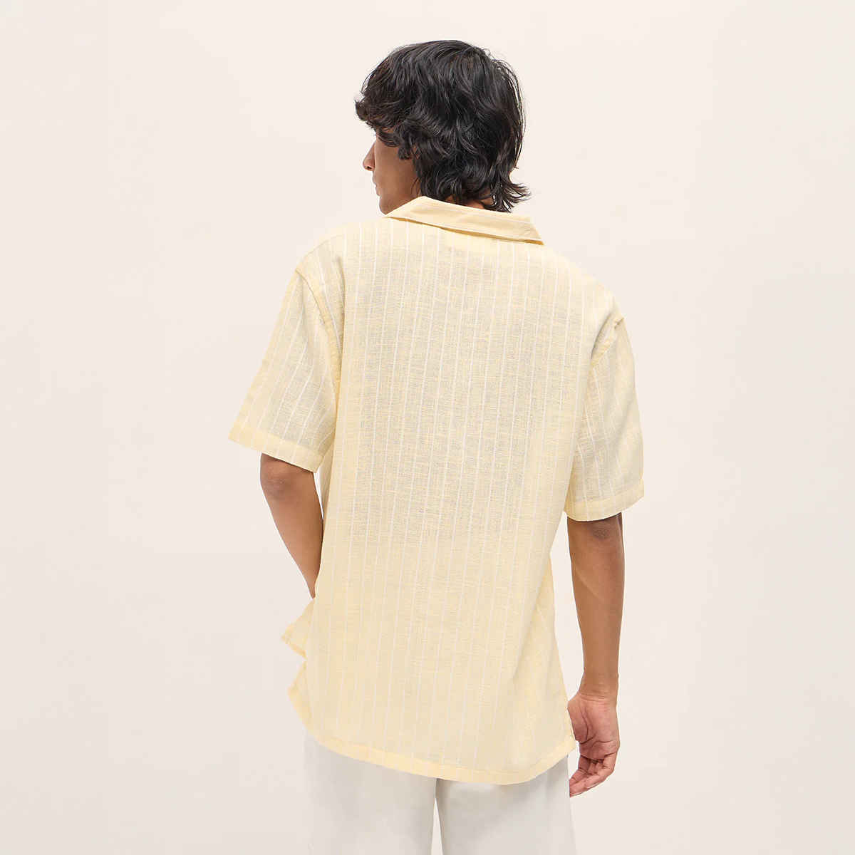 The Bear House Men's Vertical Textured Stripe Relaxed Fit Half Sleeve Casual Shirt |Light Yellow-M