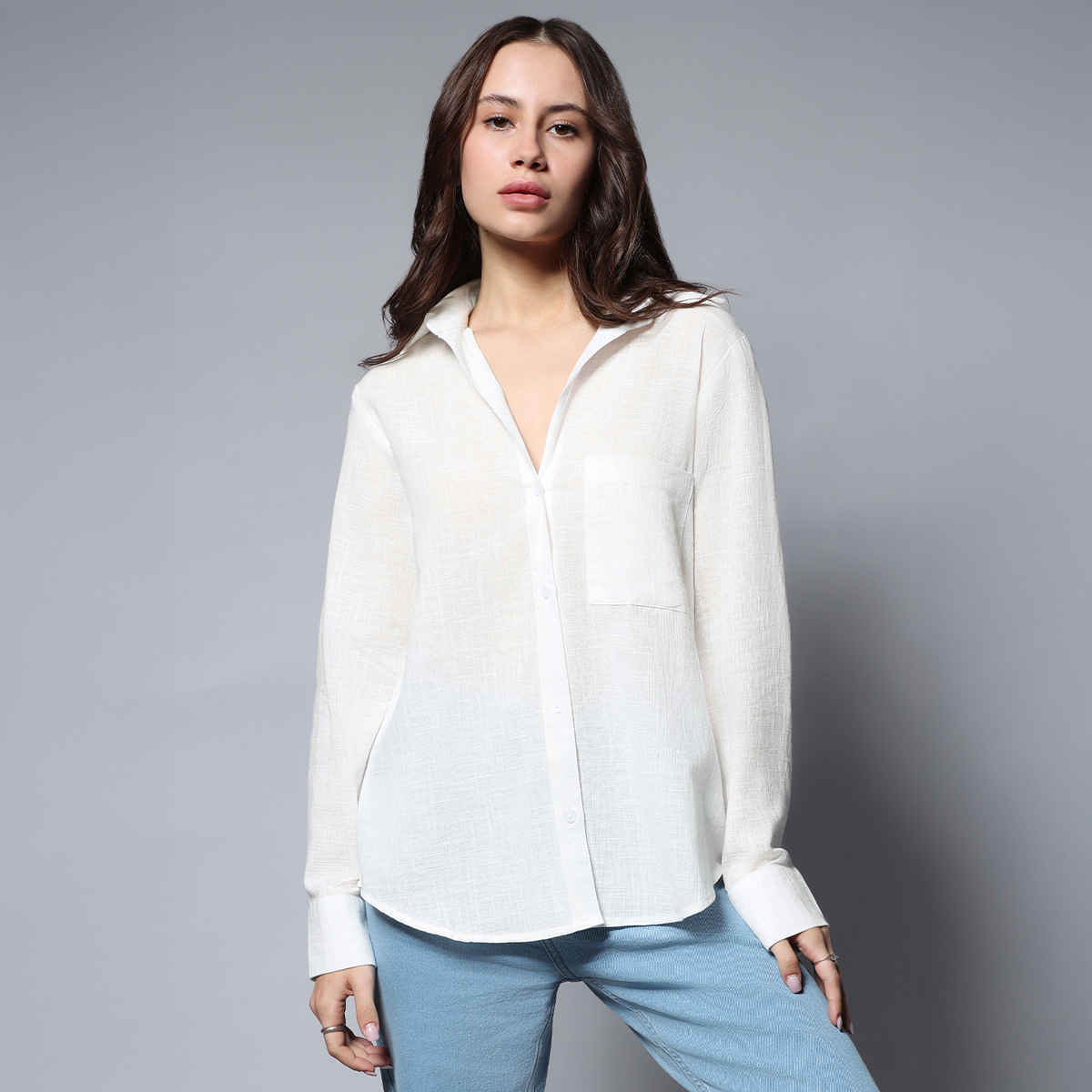 High Star Women's Solid Long Sleeves Oversized Casual Shirt | White - M
