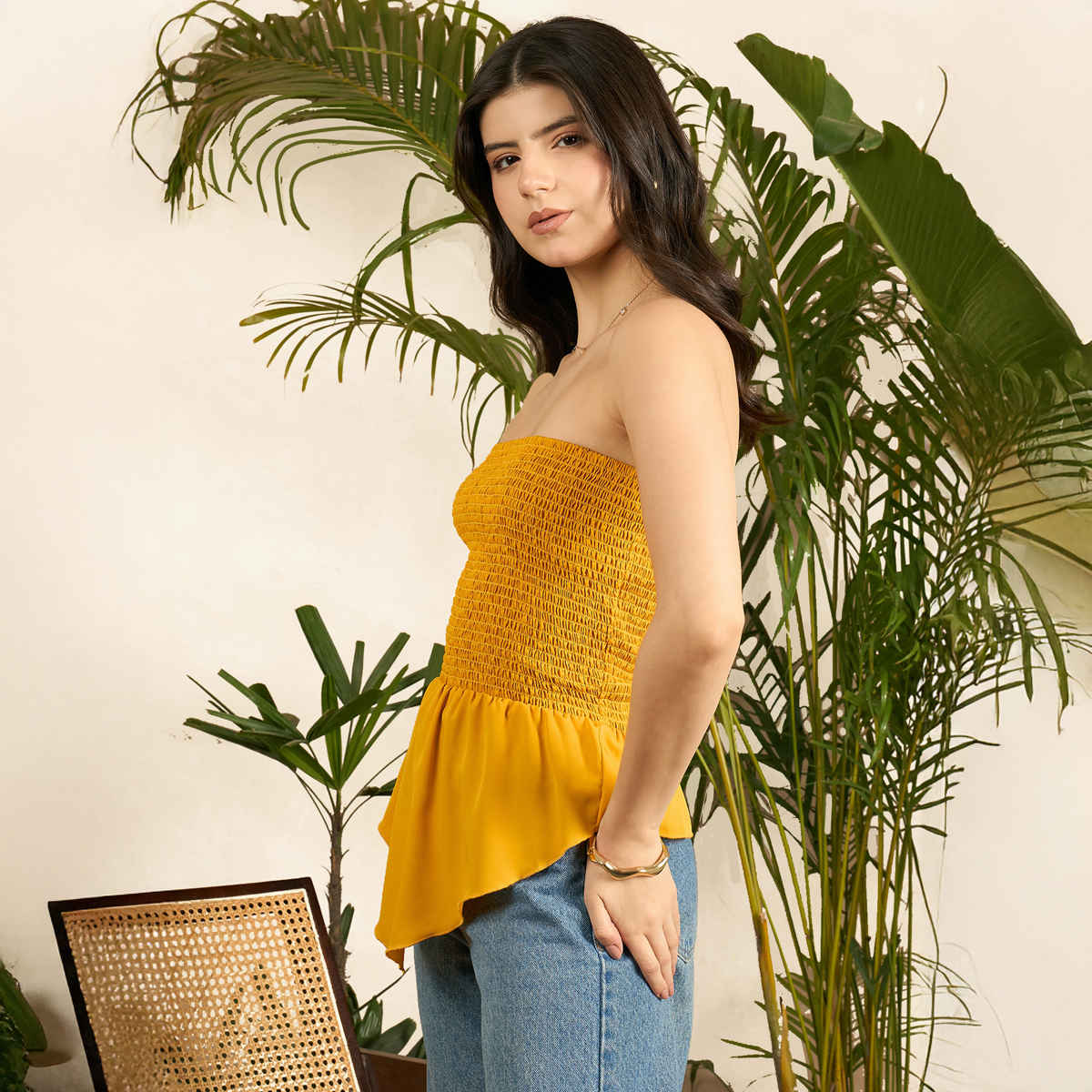 Uptownie Women's Smocked Bandeau Asymmetrical Top | Mustard Yellow - XL