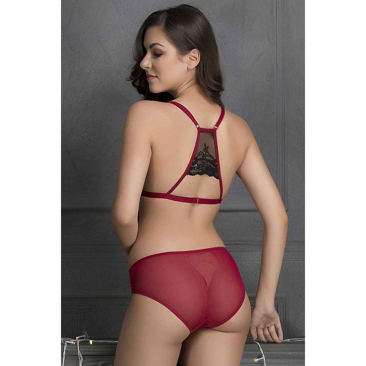 Clovia Non-Padded Non-Wired Demi Cup Plunge Bra & Low Waist Bikini Panty | BP1477P04 - Red - 32B