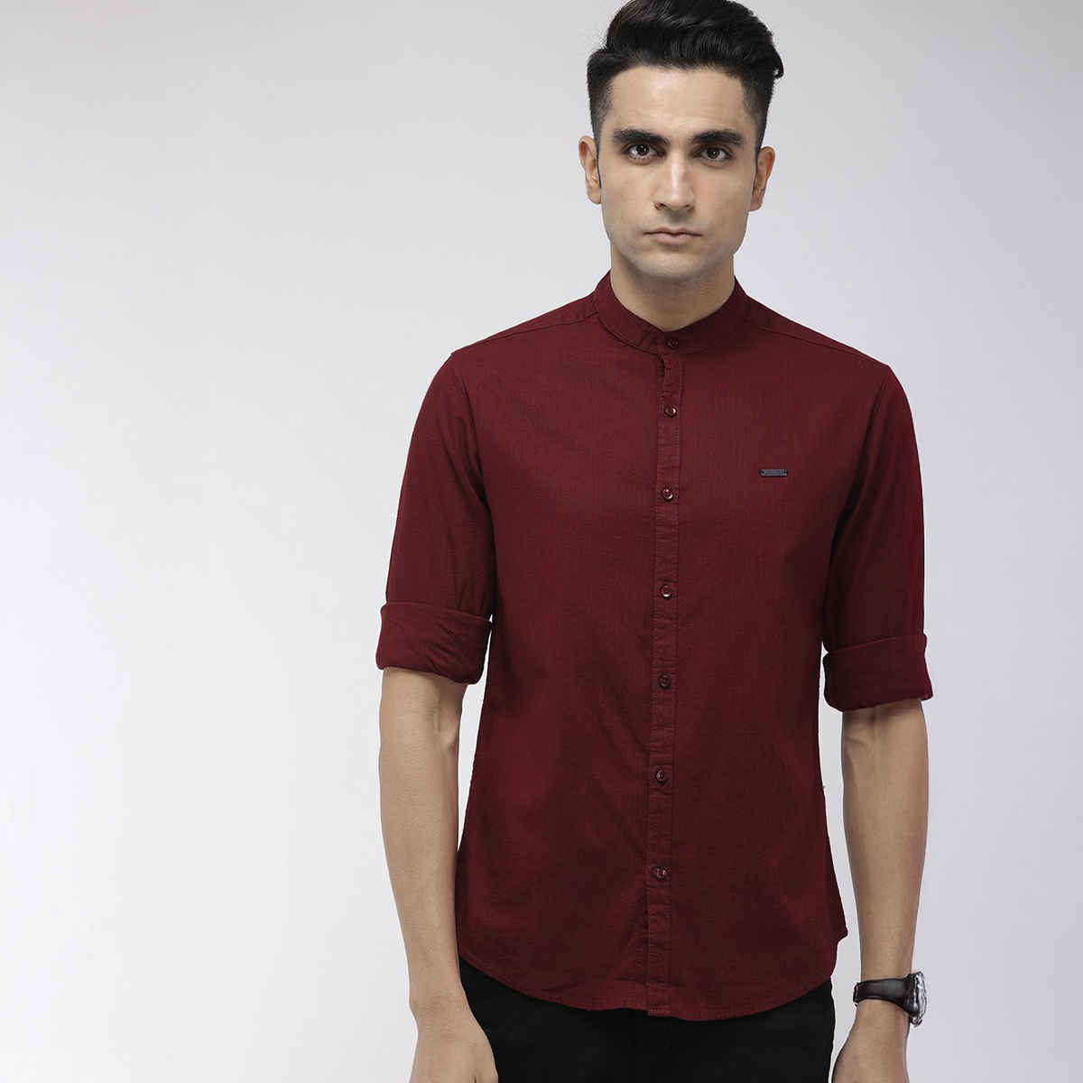 The Indian Garage Co Men's Slim Fit Solid Casual Half Sleeve Shirt | Maroon - 2XL