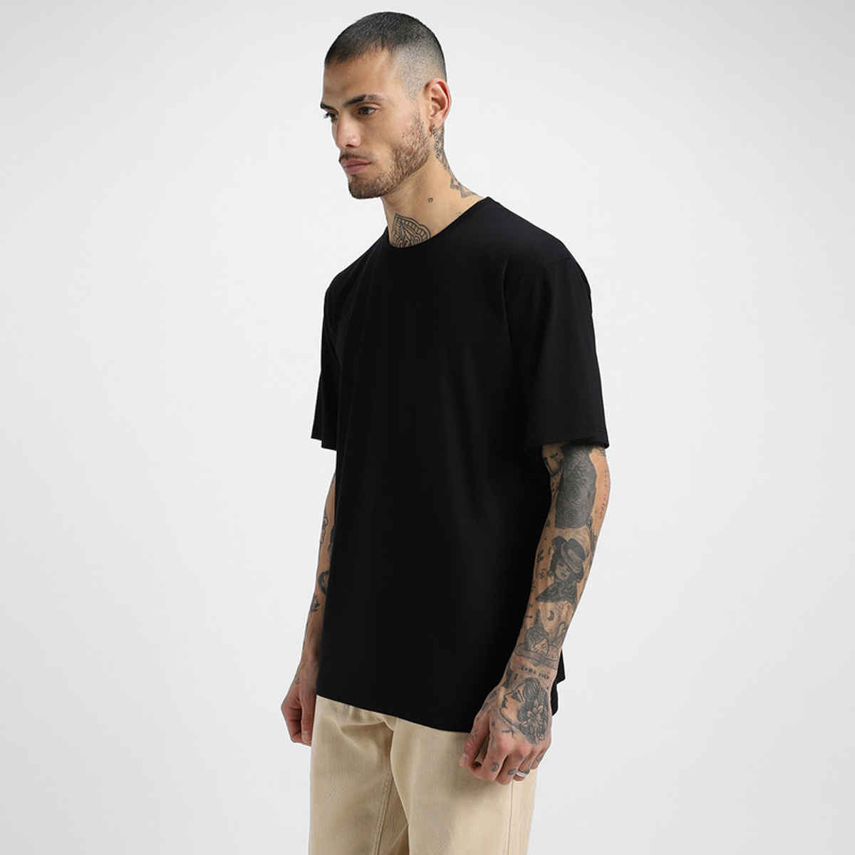 Veirdo Pure Cotton Oversized Fit Round Neck Black T-Shirt For Men - L