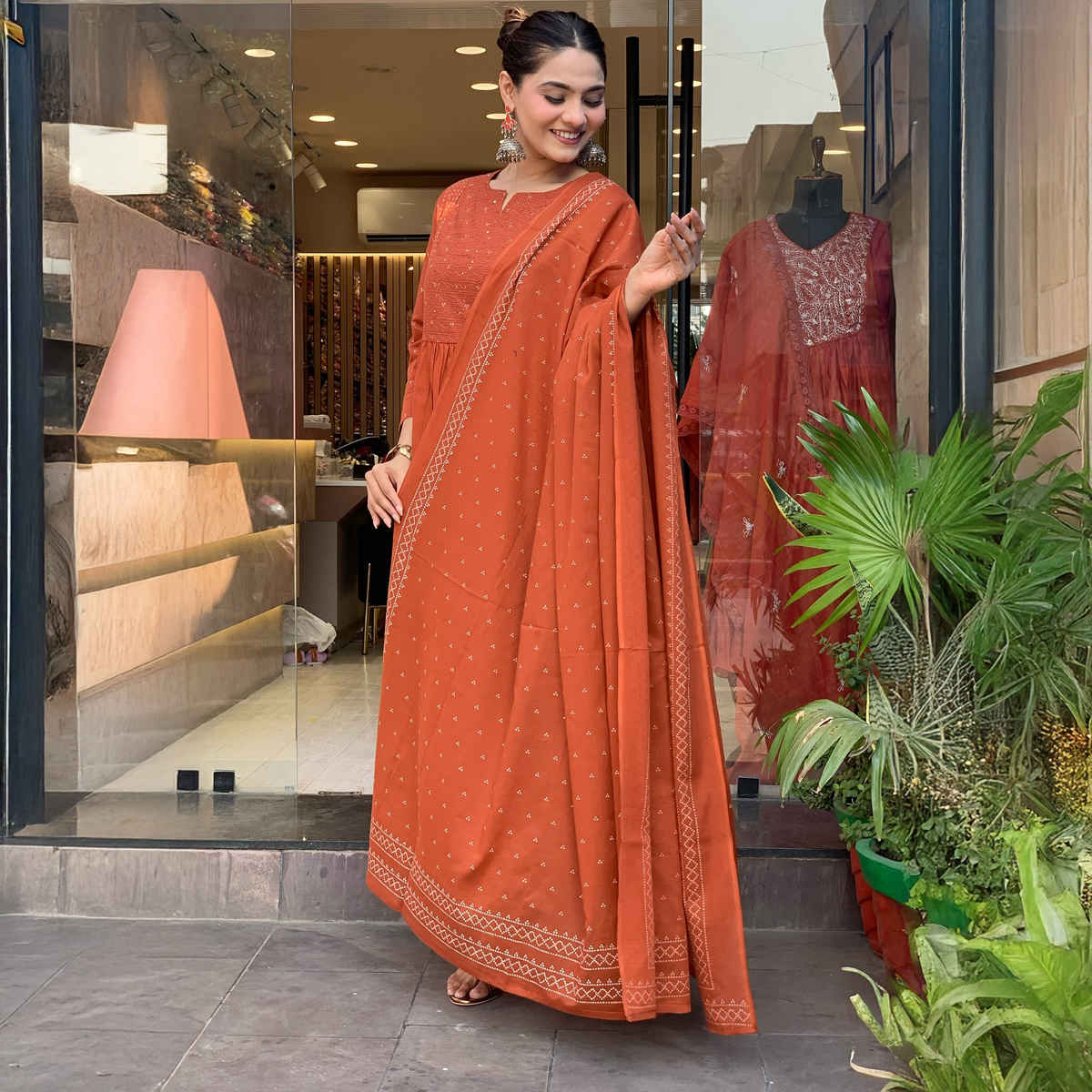 GoSriKi Women's Viscose Rayon Anarkali Printed Kurta with Pant & Dupatta | HAMLET | Orange - S