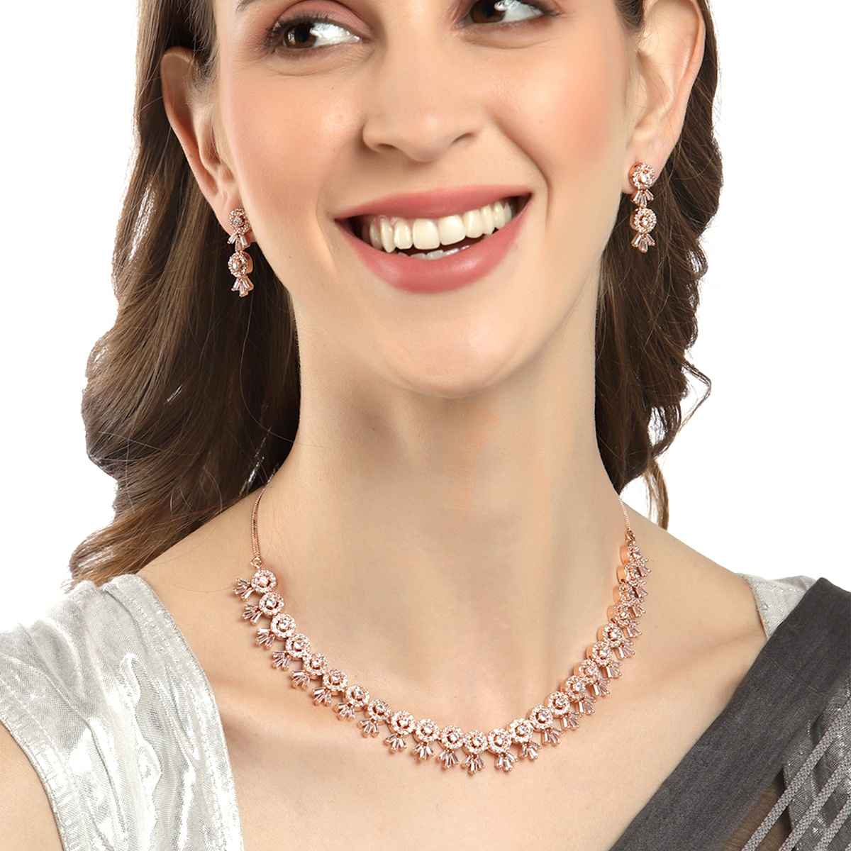 Zeneme American Diamond Studded Necklace With Earring Detailing Jewellery Set For Women & Girls