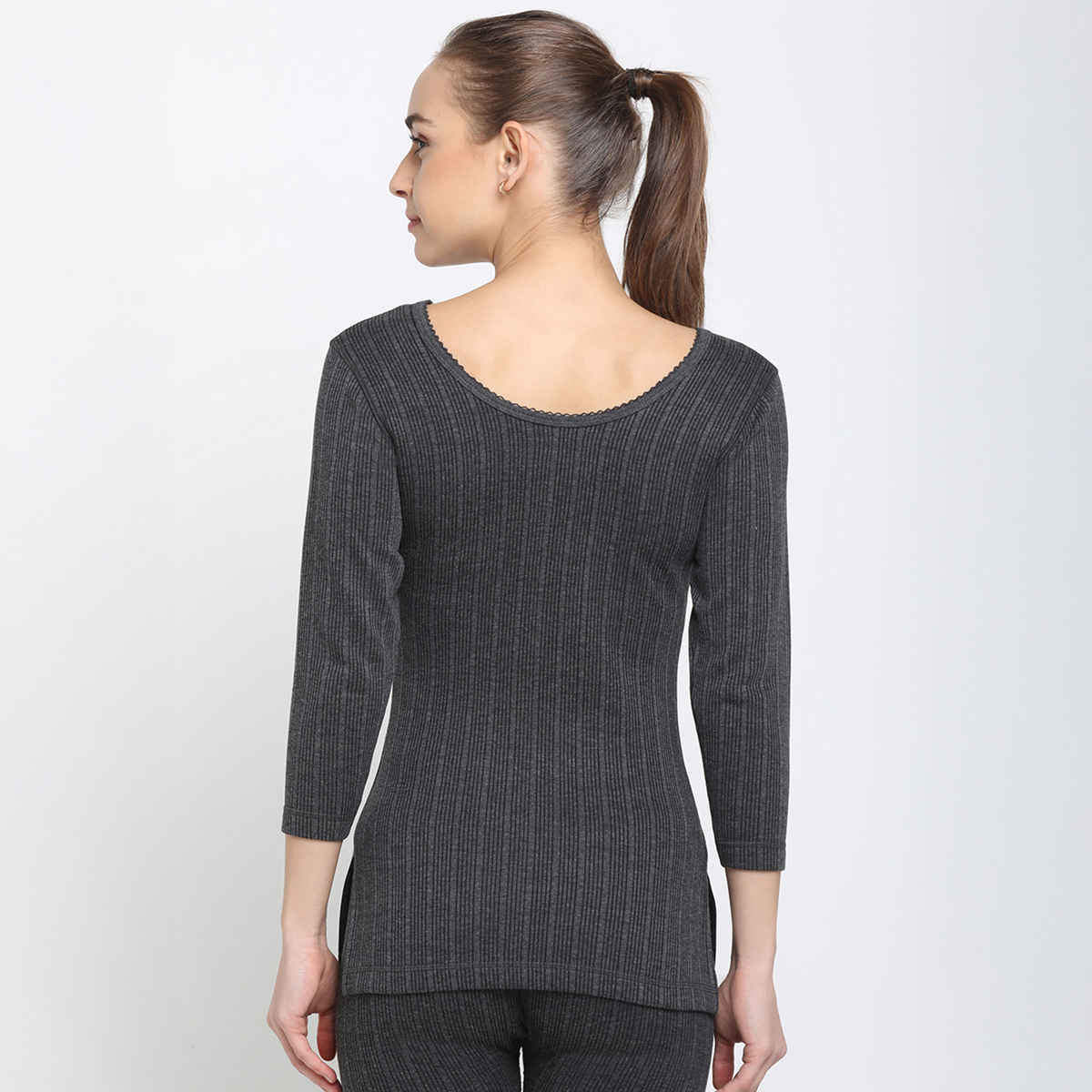 Dixcy Scott Slimz Women's Round Neck 3/4Th Regular Fit Thermal Top | Charcoal Melange - M
