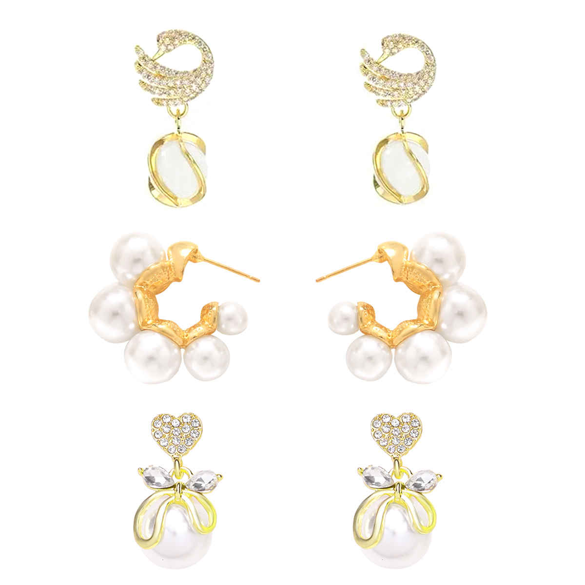 Estailo Fashion Pearl Hoops, Heart Drops & Swan Earrings Combo - Elegant Trio Set