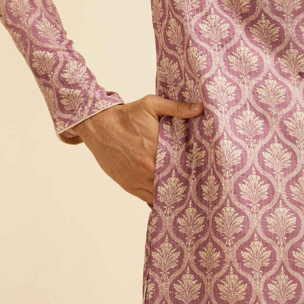 Manyavar Pink Blended Cotton Printed Kurta Set | S