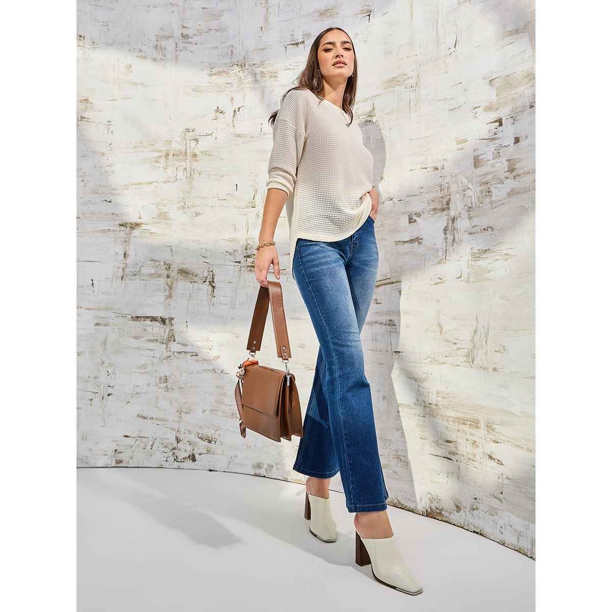 Styli Women's Oversized T-shirt with Solid Textured Fabric and Curved Hem | Beige - XL