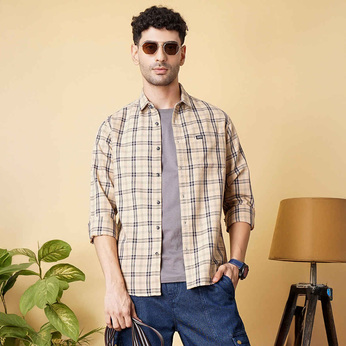 The Indian Garage Co Men's Slim Fit Checked Casual Shirt | Beige - S