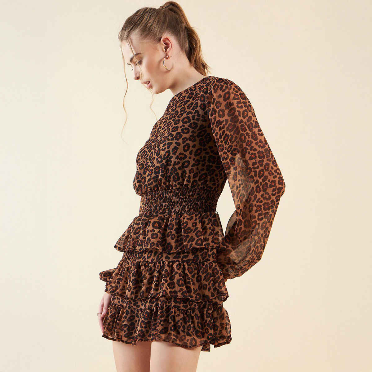 Freehand Women's Fit and Flared Animal Party Round Neck Dress | Brown - S