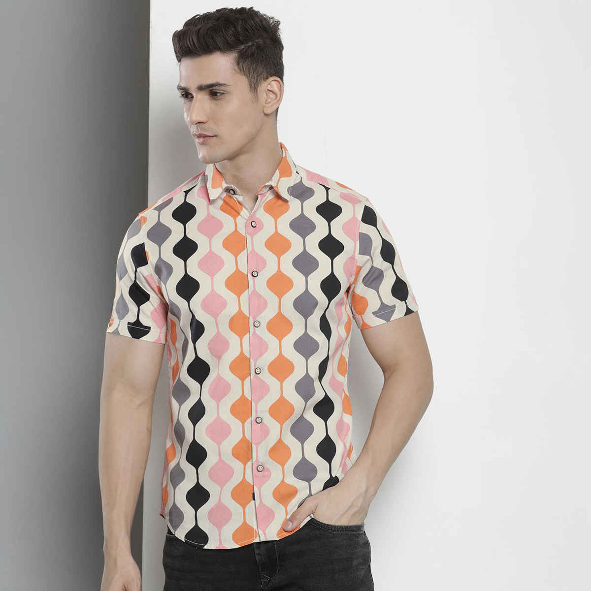 The Indian Garage Co Men's Regular Fit Abstract Print Casual Half Sleeve Shirt | Cream - XL
