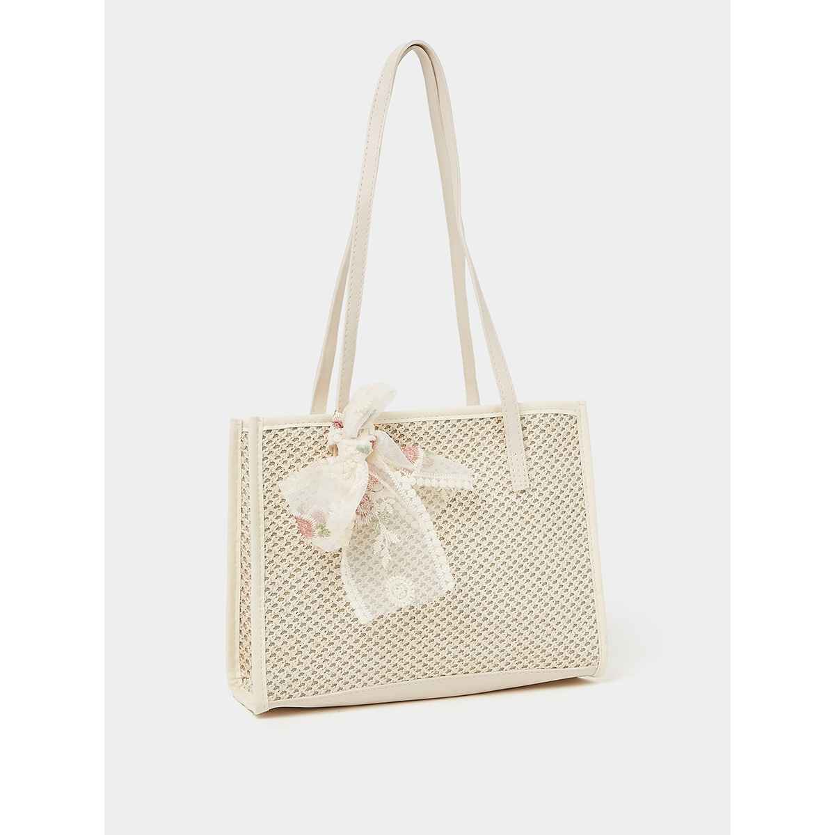 Styli Women Floral Ribbon Patch Bag White - Free Size