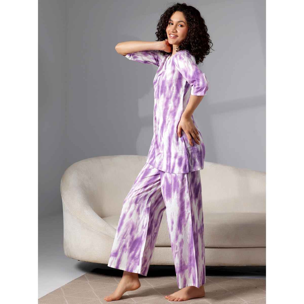 Libas Abstract Printed Women's Kurti With Printed Pyjamas | Purple White | S