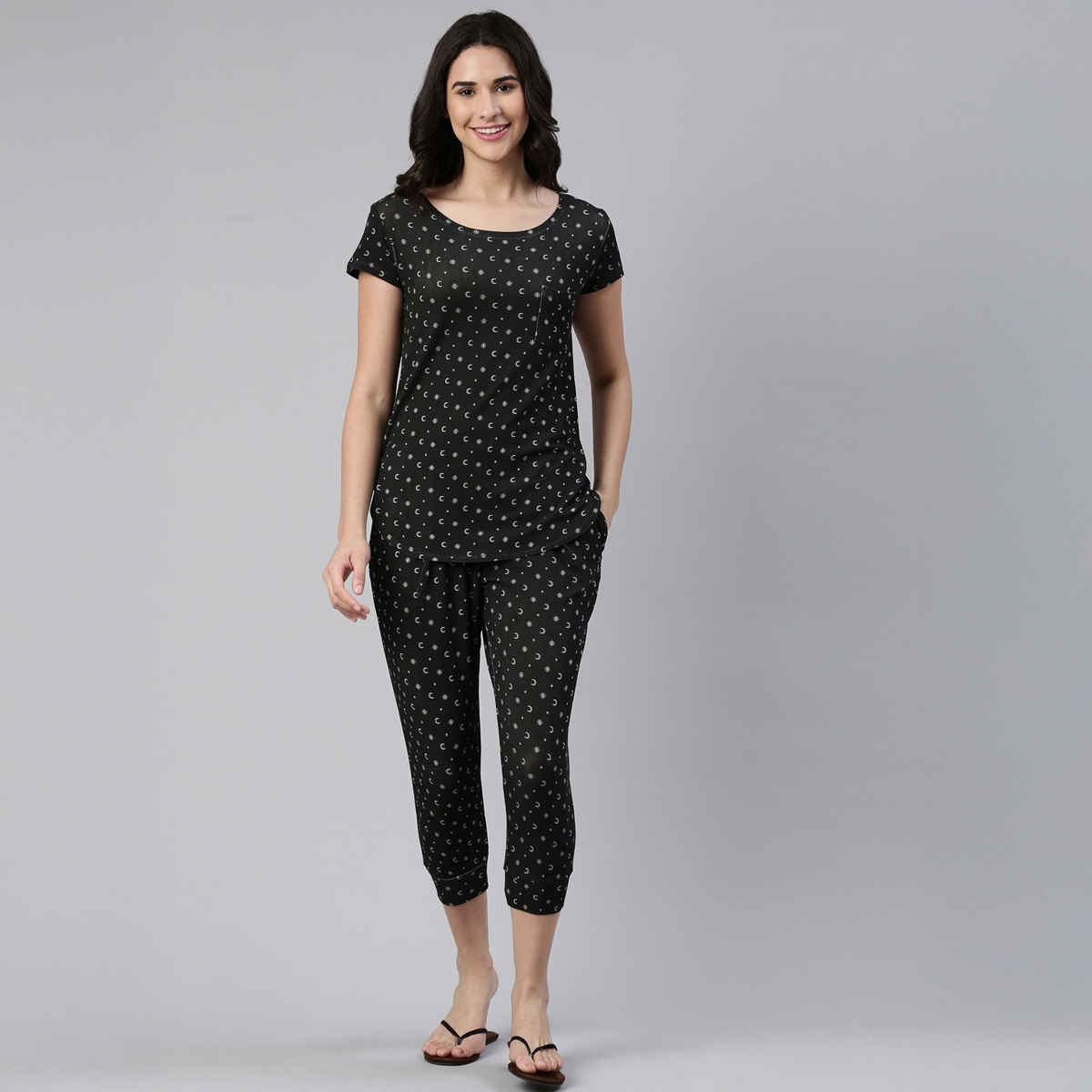 Enamor Essentials EC16 Women s Aop-Soft & Drapey All Over Printed Lounge Capri Set | Black | 2XL