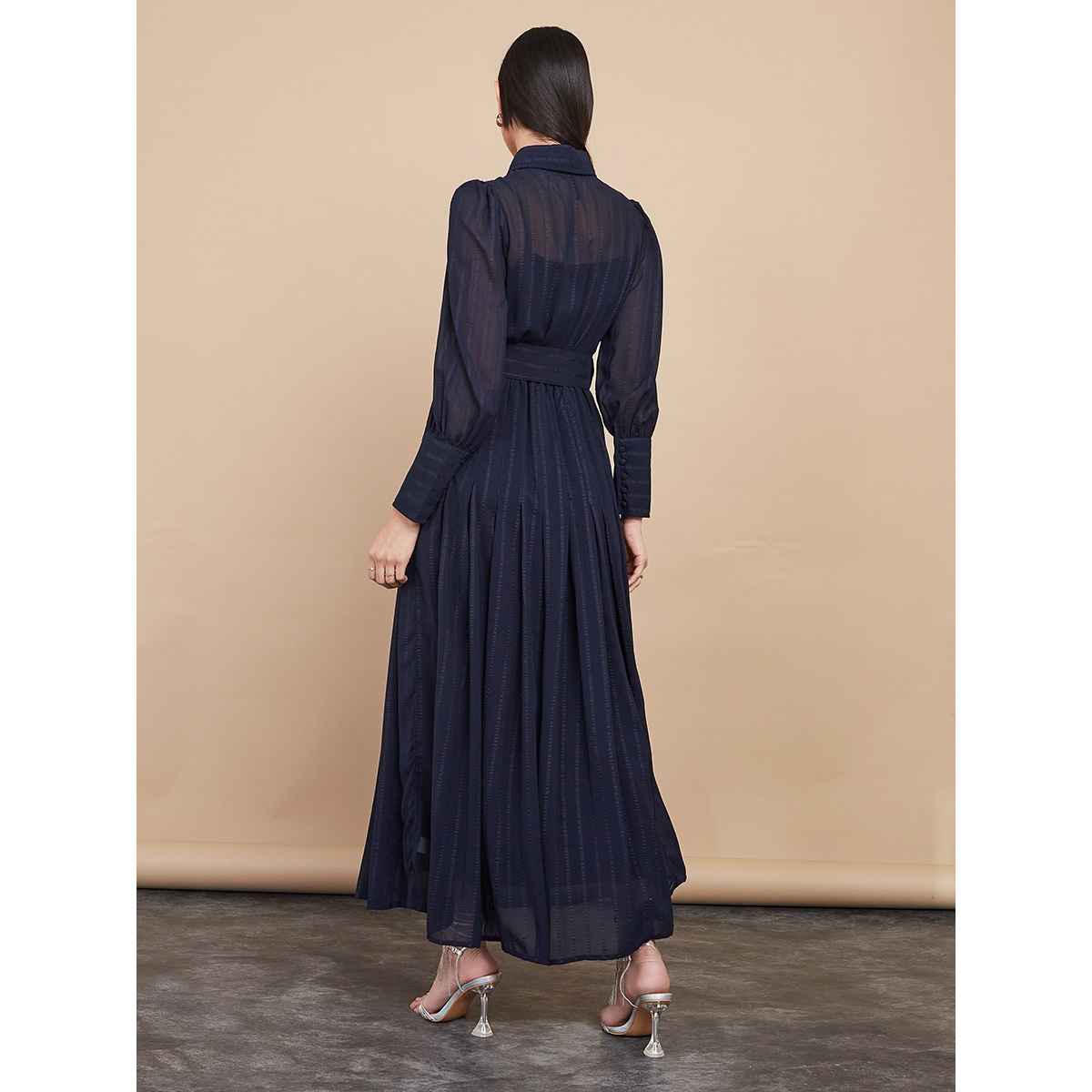 Styli Women Long Sleeves Collared Belted A-Line Maxi Dress | Navy Blue | S