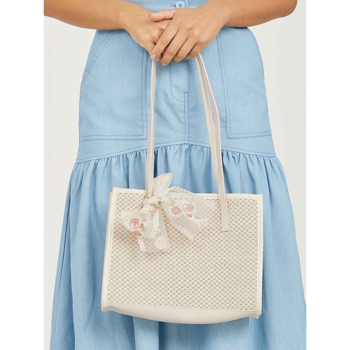 Styli Women Floral Ribbon Patch Bag White - Free Size