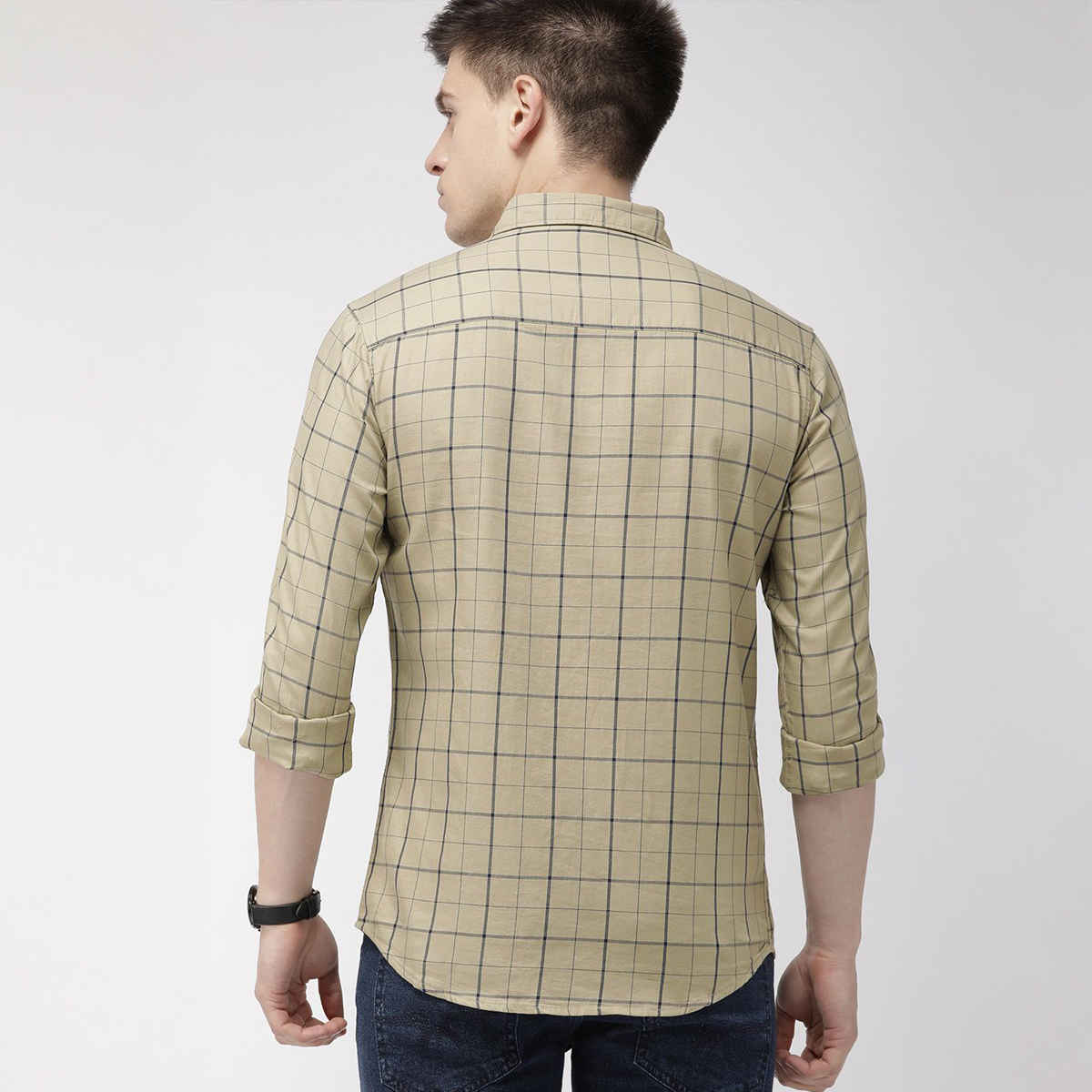 The Indian Garage Co Men's Slim Fit Checkered Casual Shirt | Khaki - S