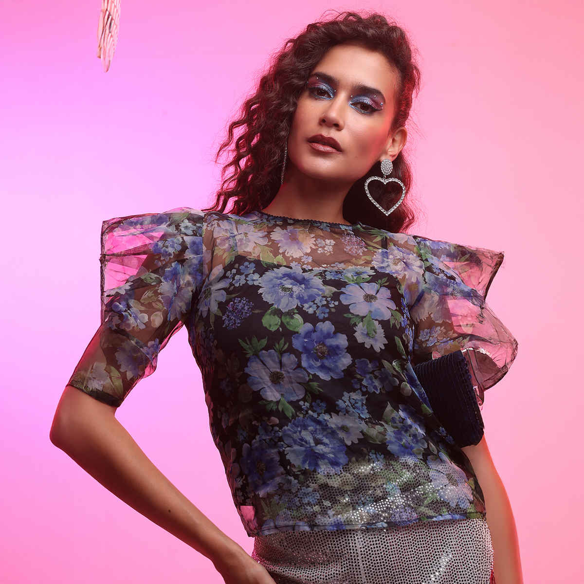 Tokyo Talkies Women's Floral Printed Puff Sleeves Top | Blue and Black - XL