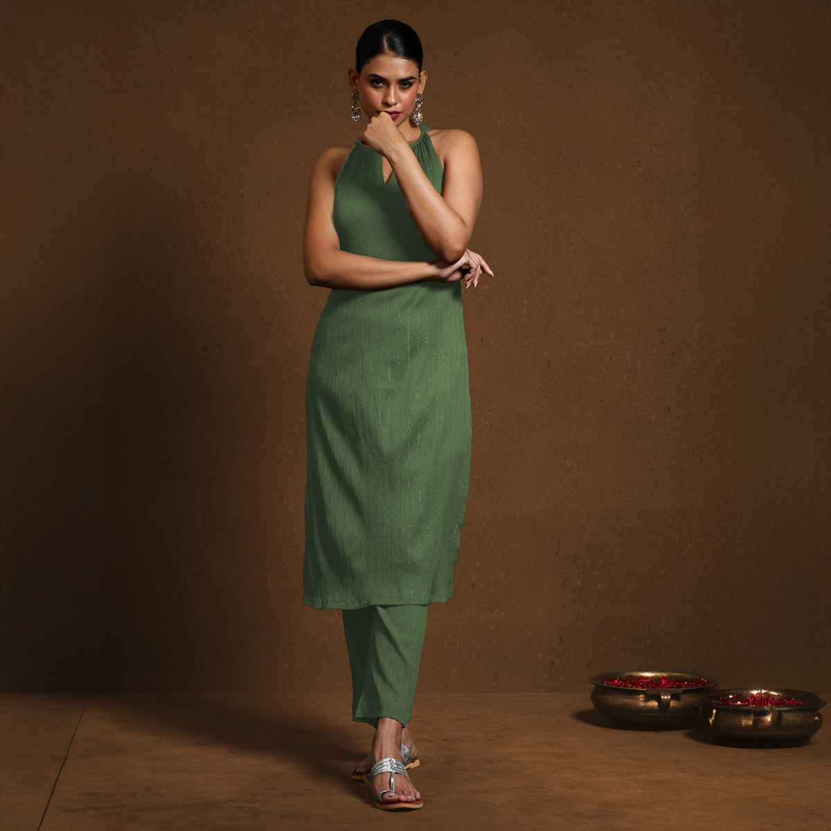 Varanga Women's Solid Halter Neck Kurta Set | Green - XL