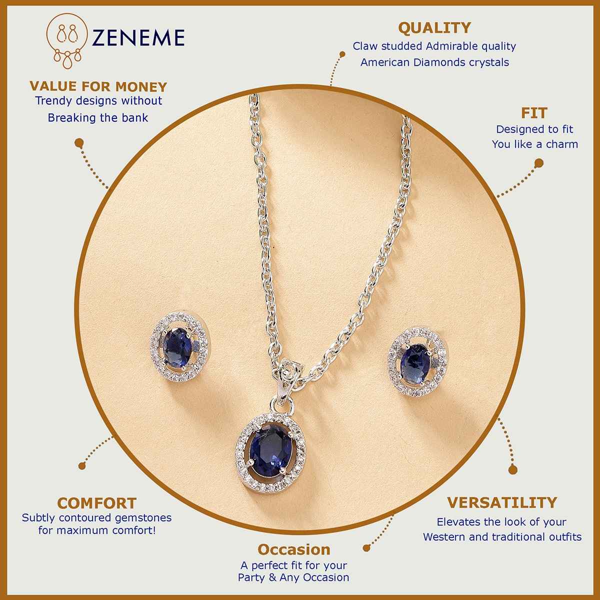 Zeneme Rhodium Plated American Diamond Studded Necklace and Earrings For Women & Girls