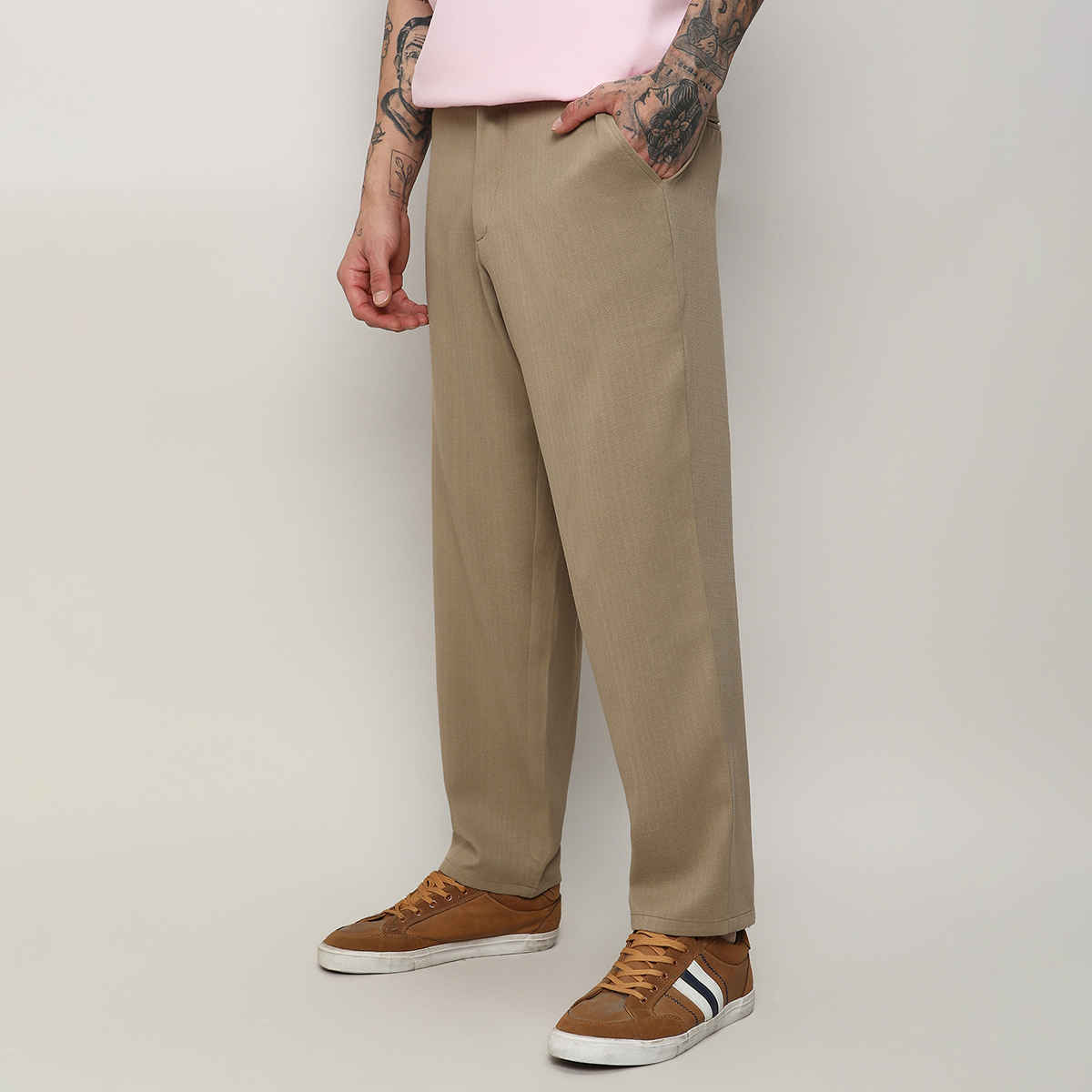 Campus Sutra Men's Solid Tailored Trousers | Brown Beige - 32