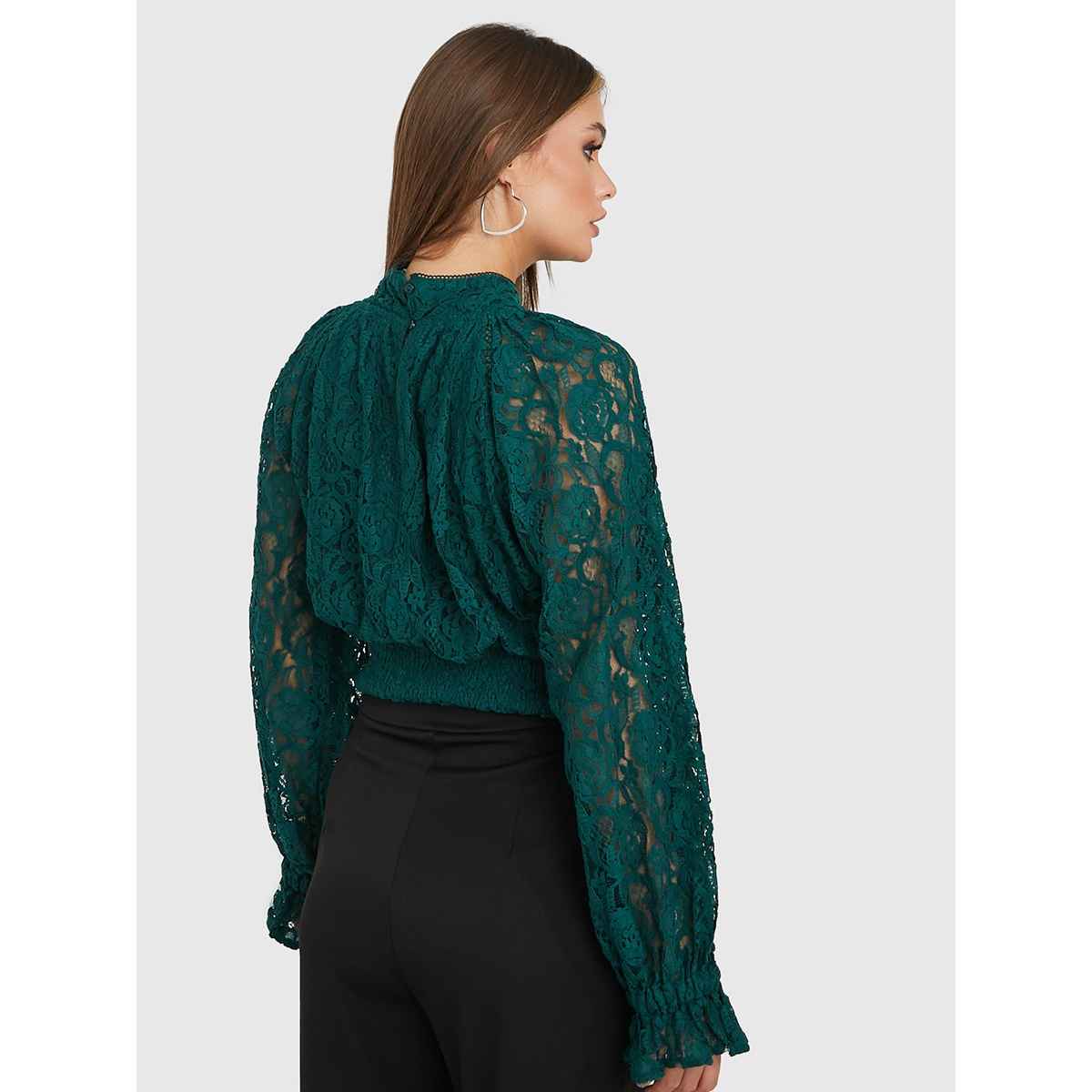 Styli Women's Casual Wear Self Design High Neck Long Sleeves Crop Blouson | Green - M