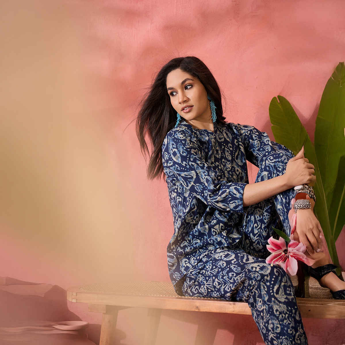 Bandia Ikkat Printed Coord Set | Indigo - M