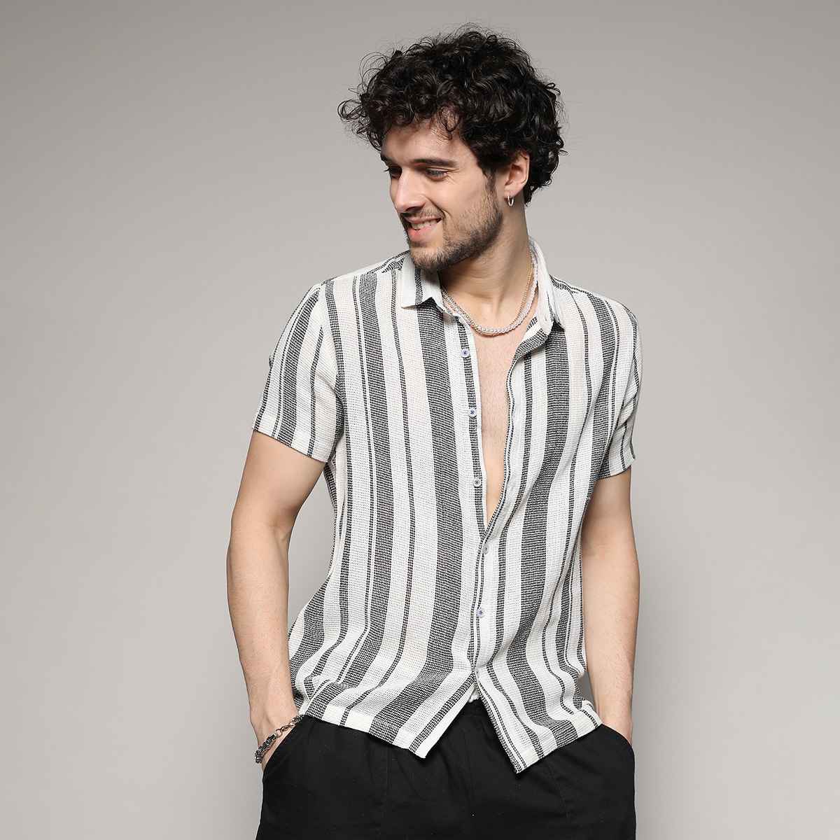 Campus Sutra Men's Unbalanced Striped Woven Shirt | Multicolour - L