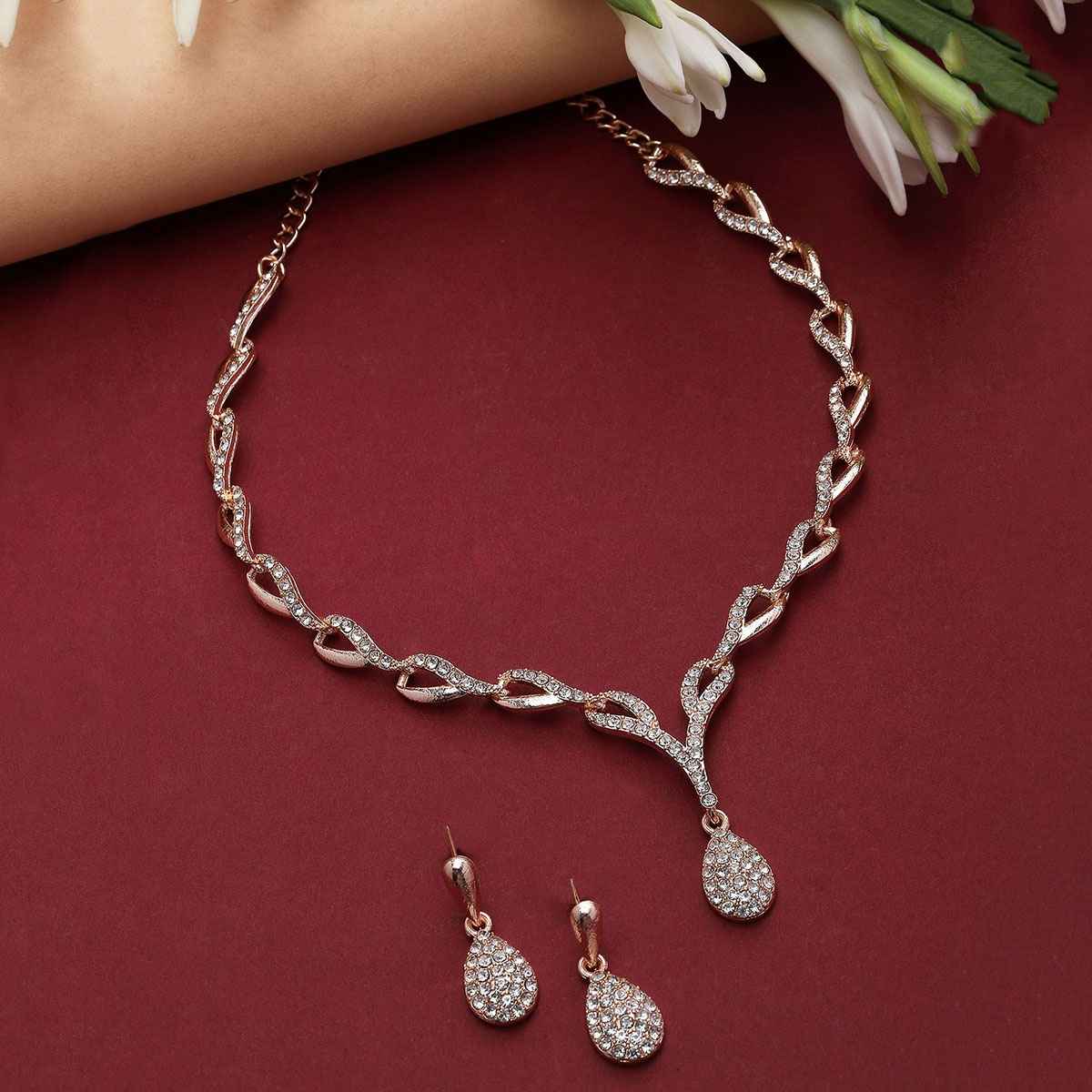 Zeneme Gold-Plated Cubic Zirconia Studded Teardrop Shaped Jewellery Set For Women & Girls