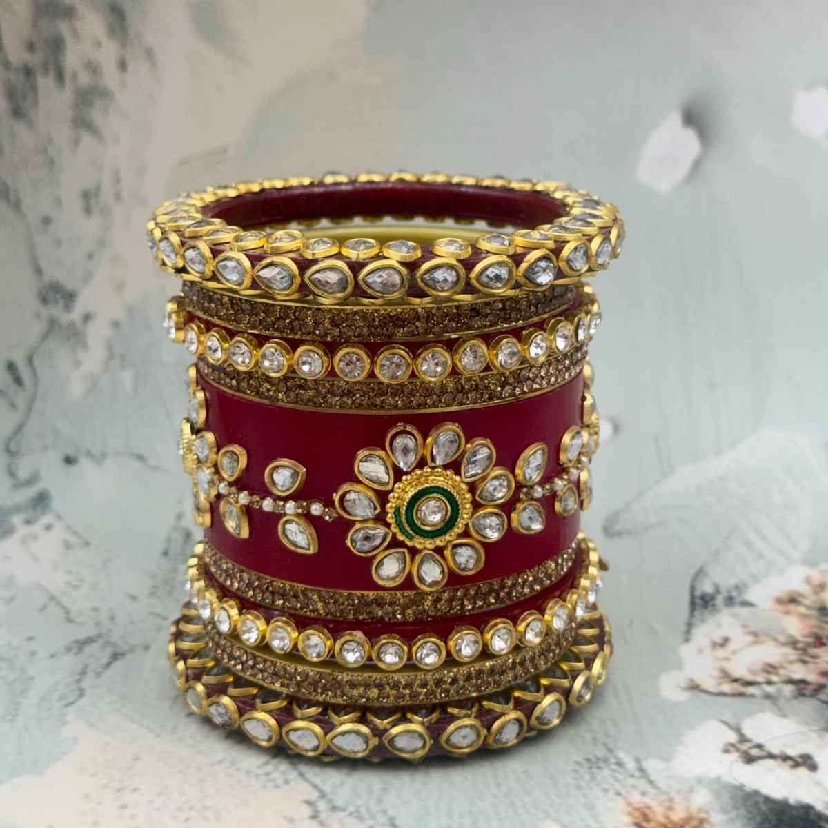 The Opal Factory Designer Kundan & Diamante Chuda | Red - Size 2.6