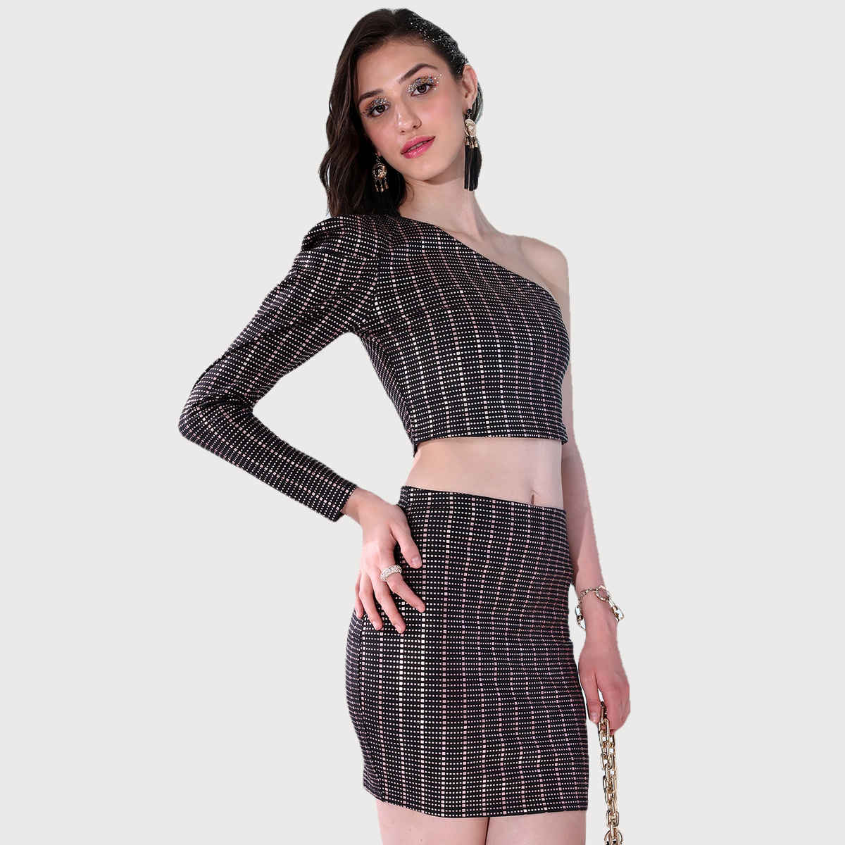 Ketch Women Geometric Printed One-Shoulder Crop Top With Mini Skirt Co-ords | Multicolor | M
