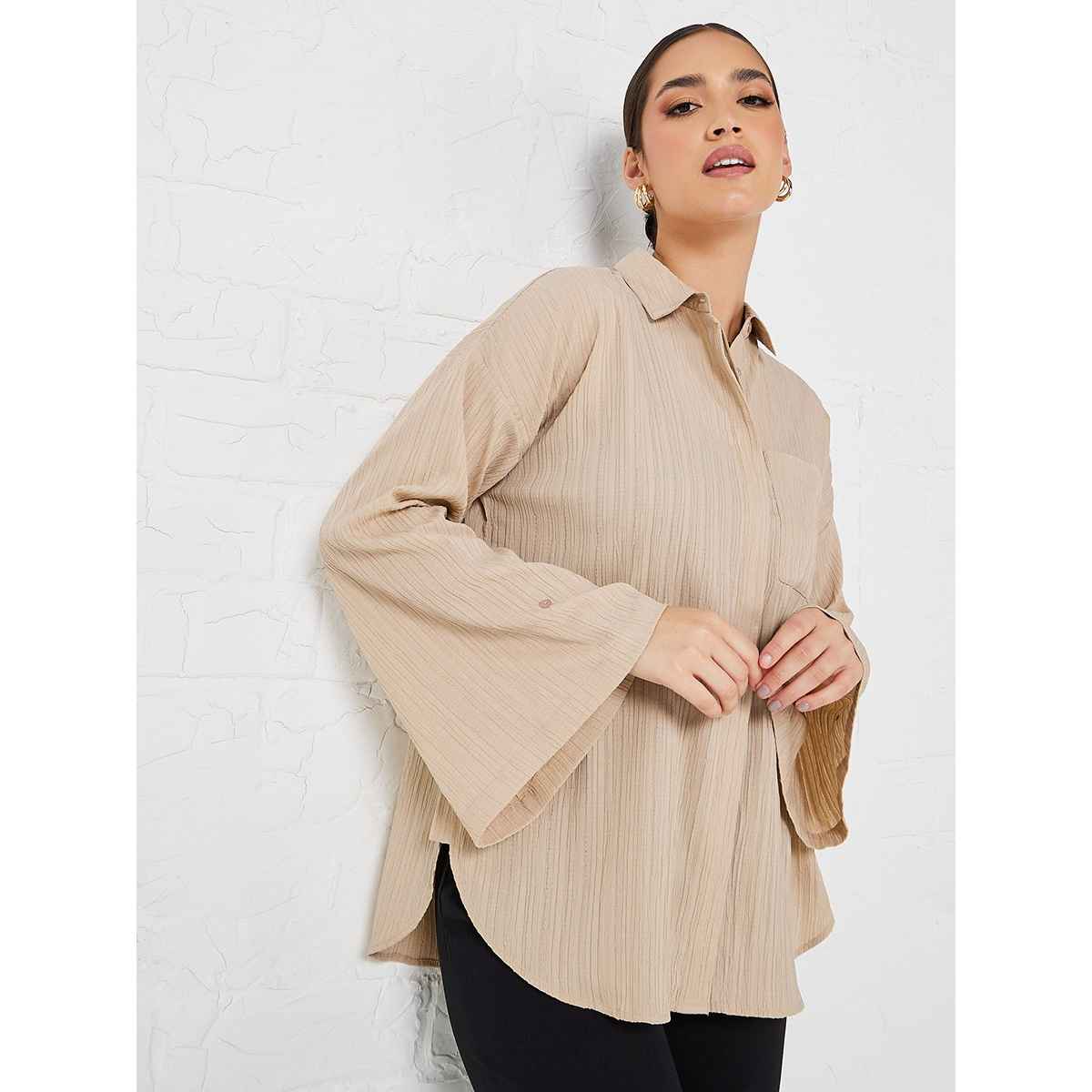 Styli Women's Longline Shirt with Oversized Drop Shoulder and Crepe Fabric | Beige - XS